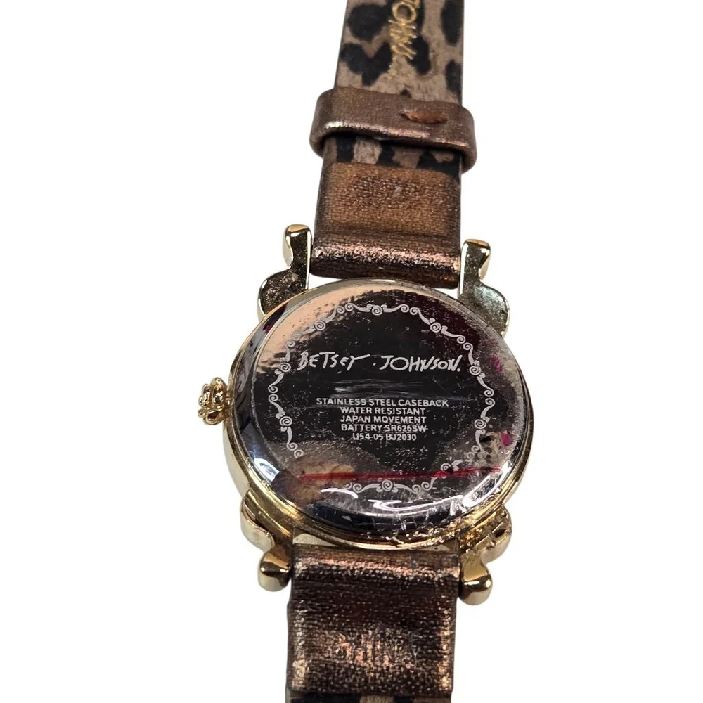 Betsey Johnson Watch Reversible Strap Goldtone Metal Brown Face Leopard Print